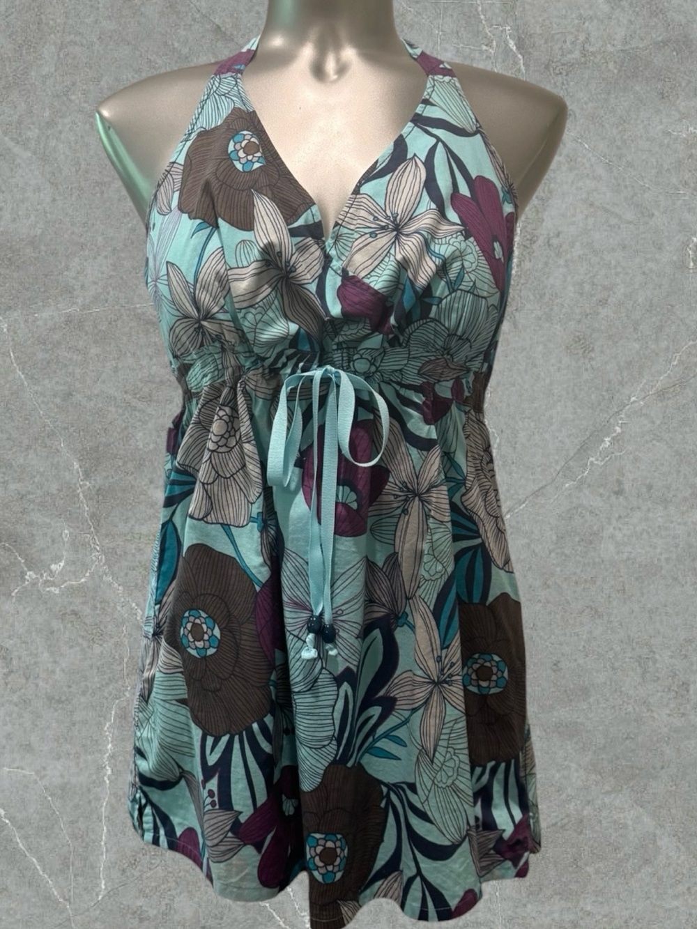 Y2K Esprit Aqua Floral Halter Tunic Top